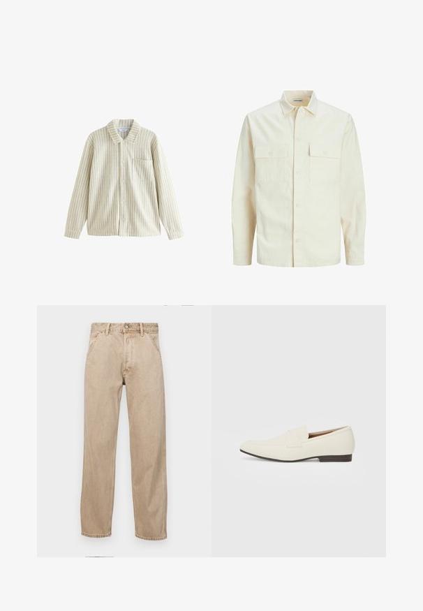 Hellbeige Langarmhemd mit klassischem Kragen, zwei Fronttaschen, Knopfverschluss und strukturiertem Stoff.; Gestreifte Button-Down-Bluse in Creme und Beige, mit Kragen, langen Ärmeln, einer Brusttasche und strukturierter Stoffoberfläche mit vertikalen Linien.; Beige Denim-Jeans mit geradem Beinschnitt, ausgestattet mit Vordertaschen, einem Metallknopfverschluss und feiner Textur.; Hellbeige Slipper mit spitzem Zehenbereich, glattem Material, einem Riemen über dem Vorderfuß und einer niedrigen braunen Sohle. Einfaches Design mit minimalen Akzenten.