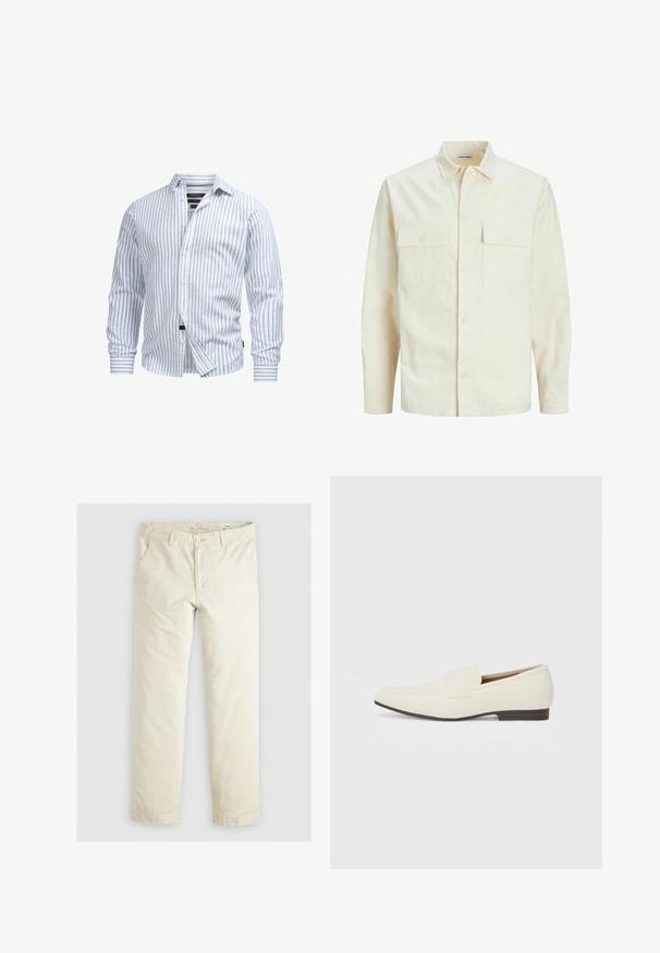 Világos bézs színű, hosszú ujjú ing, galléros nyakkal, két elülső zsebbel, gombos záródással és struktúrált anyaggal.; Fehér, hosszú ujjú ing világoskék függőleges csíkokkal, gombos elejével és puha textúrával. Jellemzi az elegáns gallér és a felgombolt ujjak.; Világos bézs, laza szabású nadrág három zsebbel, övpántokkal és egyenes szárú kialakítással. Puha pamut keverék anyagból készült.; Világos bézs loaferek hegyes orral, sima anyagból, a lábfejen lévő pánttal és alacsony barna talppal. Egyszerű dizájn, minimális díszítéssel.