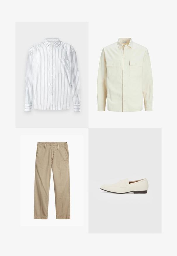 Lichtbeige langemouwen shirt met een kraaghalslijn, twee voorzakken, knoopsluiting en een gestructureerde stof.; Wit button-up overhemd met lange mouwen en dunne rode verticale strepen, zachte textuur, puntige kraag en een zak op de linkerborst.; Beige rechte pijpen chinos met riemlussen, voorkant met knoop en rits sluiting, en schuine voorzakken.; Lichtbeige loafers met een spitse neus, glad materiaal, een band over de wreef en een lage bruine zool. Eenvoudig ontwerp met minimale accenten.