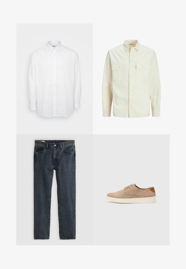 Šviesiai smėlio spalvos ilgomis rankovėmis marškiniai su apykakle, dviem priekinėmis kišenėmis, mygtukų uždarymu ir tekstūruota medžiaga.; Balti ilgomis rankovėmis marškiniai, pagaminti iš lengvo lino, su mygtukų apykakle, priekiniu užsegimu mygtukais ir laisvu siluetu su užlenktomis rankovėmis.; Tamsiai mėlynos džinsinės kelnės su tiesioginiu kirpimu, penkiais kišenėmis ir mygtukų uždarymu. Audinys rodo subtilų išblukimą ir tekstūrą.; Bežiniai zomšiniai sportbačiai su apvaliomis pirštų dalimis, raišteliais priekyje ir tekstūruotu užkulniu. Balta guma suteikia kontrastą. Paprastas ir modernus dizainas.