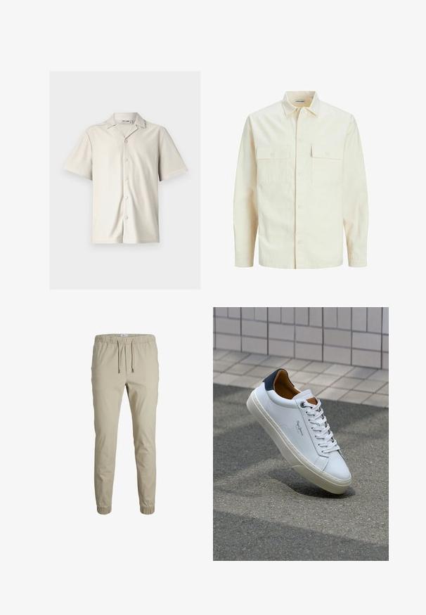Svetlo béžová košeľa s dlhým rukávom, s golierom, dvoma prednými vreckami, zapínaním na gombíky a textúrovanou látkou.; Košeľa s krátkym rukávom, svetlo béžová, s gombíkmi a špicatým golierom, s ryhovanou textúrou a piatimi okruglými gombíkmi na prednej strane.; Bežové zúžené tepláky s elastickým pásom, šnúrkou na stiahnutie a manžetami na členkoch, vyrobené z jemného materiálu. Majú hladkú textúru a minimalistický dizajn.; Biele kožené tenisky s námorníckym opätkom, okrúhlou špičkou a kontrastnými hnedými akcentami. Majú ploché šnúrky a textúrovanú gumovú podrážku.