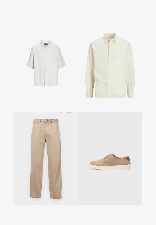 Hellbeige Langarmhemd mit klassischem Kragen, zwei Fronttaschen, Knopfverschluss und strukturiertem Stoff.; Kurzarm-Hemd aus leichtem Creme-Stoff, mit einer einzelnen Brusttasche, lockerer Passform und klassischem Kragendesign.; Beige Denim-Jeans mit geradem Beinschnitt, ausgestattet mit Vordertaschen, einem Metallknopfverschluss und feiner Textur.; Beige Wildleder-Sneaker mit runder Zehenpartie, Schnürung und strukturiertem Rückenteil. Die weiße Gummisohle sorgt für einen Kontrast. Einfaches und modernes Design.