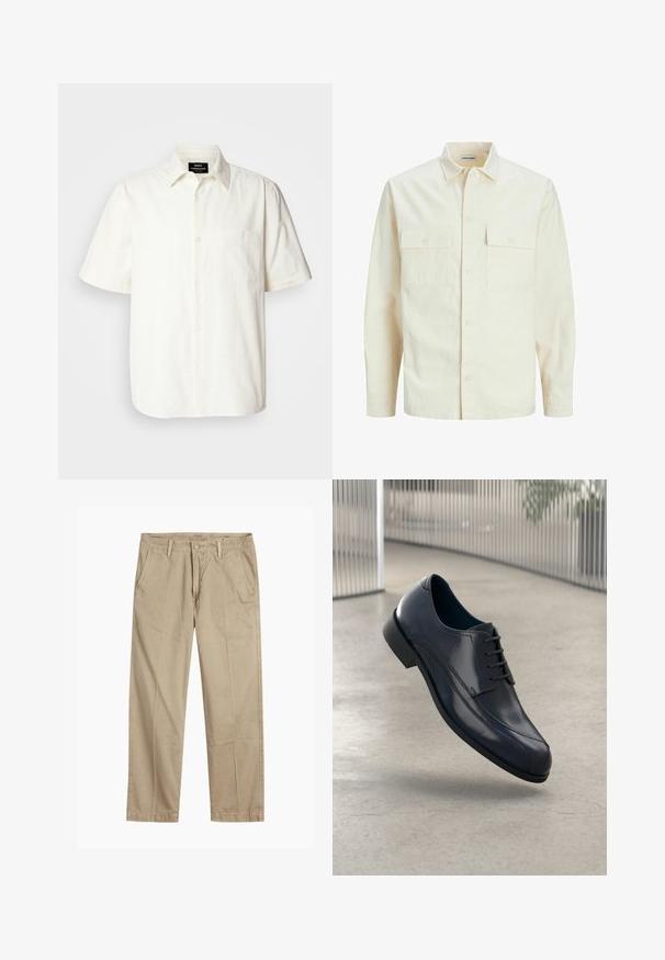 Hellbeige Langarmhemd mit klassischem Kragen, zwei Fronttaschen, Knopfverschluss und strukturiertem Stoff.; Kurzärmliges, knopfbares Hemd aus offwhite Stoff mit einer Tasche auf der linken Brust und einem klassischen Kragen-Design. Glatte Textur.; Beige gerade geschnittene Chinos mit Gürtelschlaufen, vorderem Knopf- und Reißverschlussverschluss sowie schrägen Fronttaschen.; Glänzender schwarzer Leder-Dressschuh mit Schnürsenkeln, schwebend über einem glatten, hellgrauen Boden und vertikalen Metallstäben im Hintergrund.