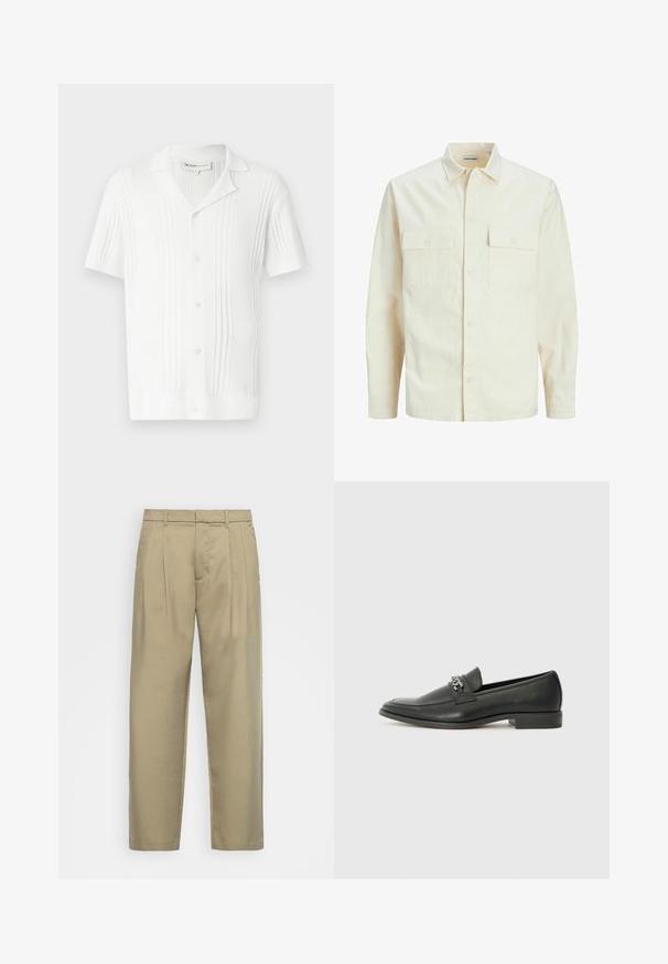 Jasno beżowa koszula z długim rękawem, z kołnierzykiem, dwoma kieszeniami z przodu, zapięciem na guziki i teksturowanym materiałem.; Biała koszula z krótkim rękawem o prążkowanej teksturze, z zapięciem na guziki i kołnierzykiem. Posiada pionowe paski jako dodatkowy detal.; Beżowe, wysokie spodnie o prostym kroju, z płaskim przodem, bocznymi kieszeniami i gładkim, teksturowanym materiałem.; Czarne skórzane mokasyny o gładkim wykończeniu, z haftowanym wzorem i dekoracyjnym akcentem z metalowego łańcucha na wierzchu. Płaska pięta.