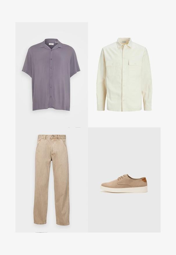 Hellbeige Langarmhemd mit klassischem Kragen, zwei Fronttaschen, Knopfverschluss und strukturiertem Stoff.; Kurzärmliges, knöpfbares Hemd aus hellgrauem Stoff. Verfügt über einen klassischen Kragen, eine legere Passform und eine glatte Textur ohne Muster oder Akzente.; Beige Denim-Jeans mit geradem Beinschnitt, ausgestattet mit Vordertaschen, einem Metallknopfverschluss und feiner Textur.; Beige Wildleder-Sneaker mit runder Zehenpartie, Schnürung und strukturiertem Rückenteil. Die weiße Gummisohle sorgt für einen Kontrast. Einfaches und modernes Design.