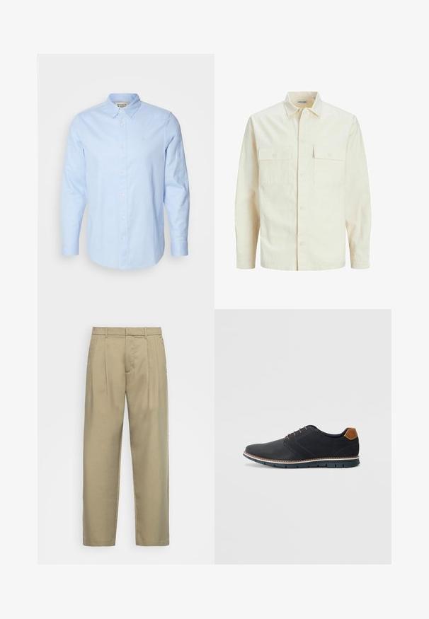 Kergedbež pika-särk pikkade varrukatega, krae ja kahe eespool asuva taskuga, nööpidega kinnitamine ja reljeefne materjal.; Hele sinine pikade varrukatega nööpidega särk, millel on nööpidega krae, valged nööbid ja diskreetne broderie vasakul rinnal.; Beežid, kõrge vöökoht ja sirge lõikega püksid, millel on lame esiosa, küljetaskud ja sile, tekstuuriga kangas.; Mustavad sünteetilised jalatsid tekstureeritud pealsega, siledad aktsendid, pruun kand ja kontrastne tall. Omab minimaalset lukkude ja õmbluste dekoratsiooni.