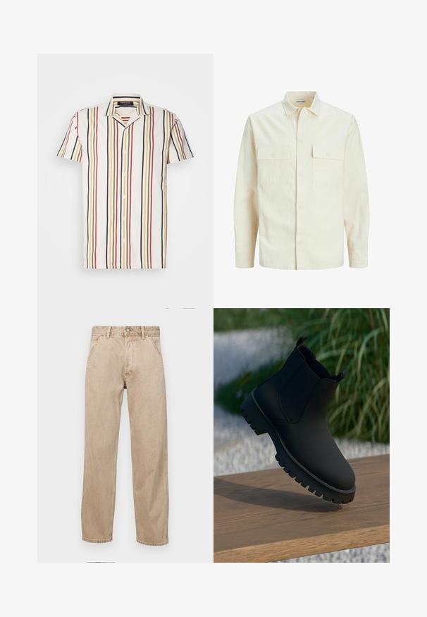 Lichtbeige langemouwen shirt met een kraaghalslijn, twee voorzakken, knoopsluiting en een gestructureerde stof.; Korte mouwen overhemd met een knoopsluiting in het wit met verticale strepen in rood, geel en marineblauw. Beschikt over een notched kraag en lichtgewicht stof.; Beige denim jeans met een recht gesneden ontwerp, voorzien van voorzakken, een metalen knoopsluiting en een subtiele textuur.; Zwarte enkelboot met een gladde afwerking, elastische zijpanelen en een dikke, robuuste zool. Geplaatst tegen een natuurlijke achtergrond op een houten oppervlak.