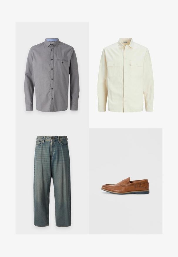 Svetlo bež srajca z dolgimi rokavi, ovratnim izrezom, dvema sprednjima žepoma, zapenjanjem na gumbe in teksturirano tkanino.; Siva karo srajca s dolgimi rokavi, z gumbom navzdol, žepom na prsih in kontrastnim svetlo modrim notranjim ovratnikom. Značilni rjavi gumbi.; Svetlomoderne kavbojke z ohlapnim krojem, srednjim pasom in ravnimi nogami. Imajo pet žepov, zanke za pas in zapiranje na gumb.; Rjavi usnjeni loafers s okroglo konico, šivi na površini in nizkim gumijastim podplatom. Oblikovanje vključuje pas čez zgornji del.