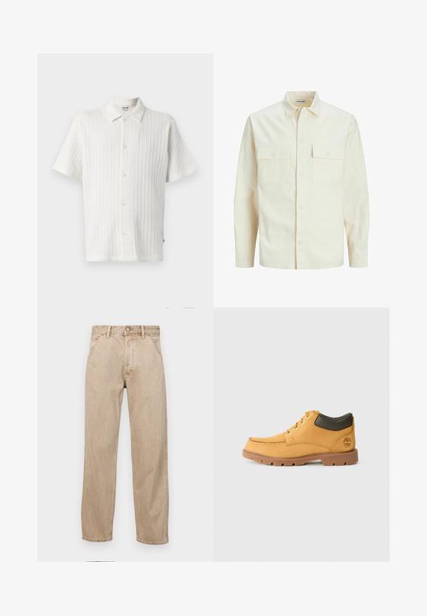 Lichtbeige langemouwen shirt met een kraaghalslijn, twee voorzakken, knoopsluiting en een gestructureerde stof.; Korte mouwen, wit shirt met een gestructureerd, geribbeld ontwerp. Voorzien van een puntige kraag en zes knopen aan de voorkant voor sluiting.; Beige denim jeans met een recht gesneden ontwerp, voorzien van voorzakken, een metalen knoopsluiting en een subtiele textuur.; Geel leren schoen met een bruine rubberen zool, ronde neus en groene leren enkeldetail. Bevat gouden oogjes en stiksels.