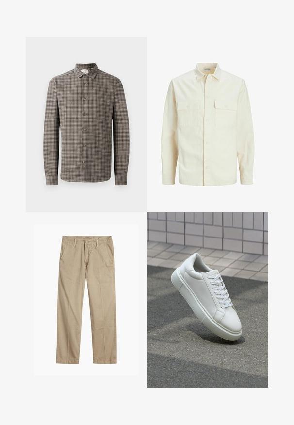 Světle béžová košile s dlouhým rukávem, límečkem, dvěma předními kapsami, zapínáním na knoflíky a strukturovanou tkaninou.; Košilová halenka s dlouhým rukávem v hnědošedém kostkovaném vzoru, s klasickým límečkem a knoflíkovým zapínáním vpředu.; Beige rovné chino kalhoty s poutky na opasek, zapínáním na přední knoflík a zip, a šikmými předními kapsami.; Bílé kožené tenisky s hladkým povrchem, kulatou špičkou a plochými bílými tkaničkami. Disponují texturovanou gumovou podrážkou a minimálními designovými prvky.
