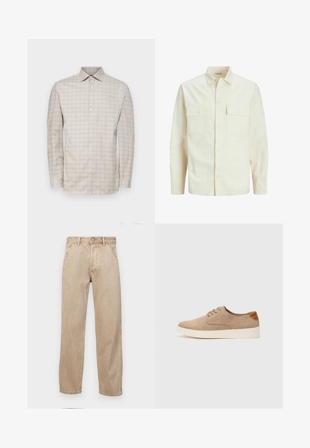 Világos bézs színű, hosszú ujjú ing, galléros nyakkal, két elülső zsebbel, gombos záródással és struktúrált anyaggal.; Hosszú ujjú, világos bézs színű, finom kockás mintázatú ing. Gallérral és gombos elejével készült, könnyű anyagból.; Beige színű farmernadrág egyenes fazonnal, elülső zsebekkel, fém gombos záródással és diszkrét textúrával.; Beige velúr sportcipő, kerek orral, fűzős elülső résszel és textúrált hátsó részlettel. Fehér gumitalp kontrasztot ad. Egyszerű és modern design.