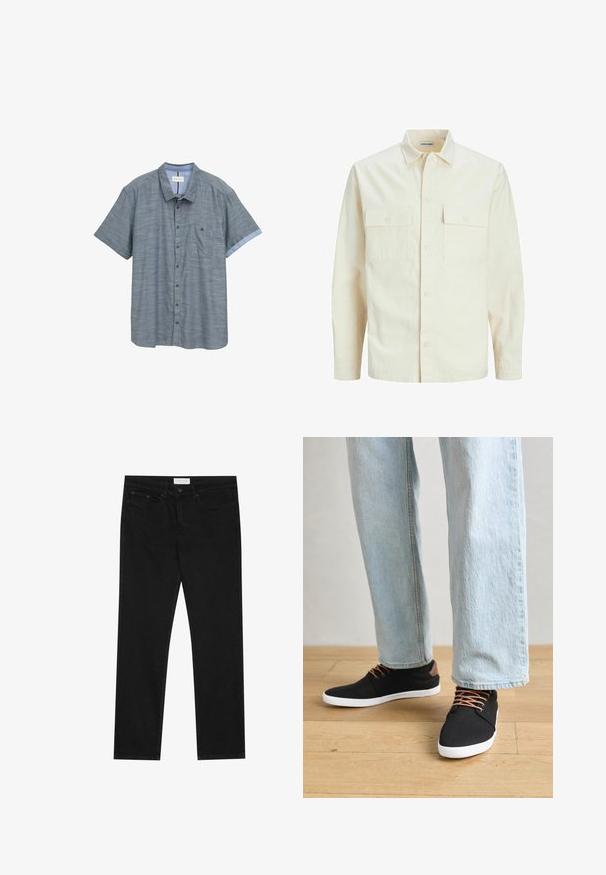 Lichtbeige langemouwen shirt met een kraaghalslijn, twee voorzakken, knoopsluiting en een gestructureerde stof.; Kortebloedige overhemd in donkergrijs met een subtiele textuur, met een borstzak en contrasterende lichtblauwe manchetten.; Zwarte straight-leg jeans met een vijf-pocket ontwerp, knoop- en ritssluiting, en een Pier One merklabel op de tailleband.; Zwarte canvas sneakers met bruine accenten, witte rubberen zolen en bruine veters, gecombineerd met lichtblauwe spijkerbroeken met rechte pijpen. Houten vloer als achtergrond.