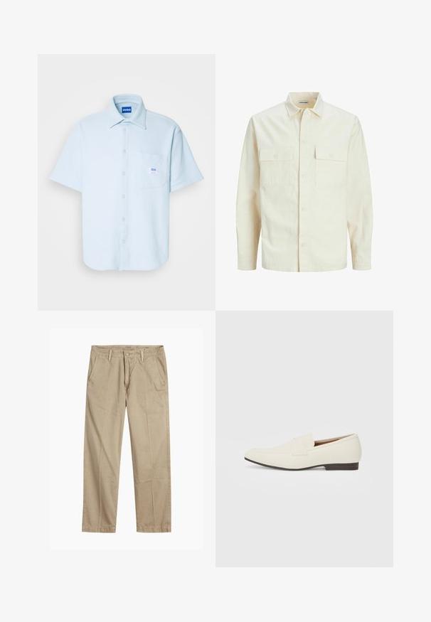 Camisa de manga larga color beige claro con cuello, dos bolsillos frontales, cierre de botones y una tela texturizada.; Camisa de botones de manga corta color azul claro, con tela texturizada, cuello, bolsillo frontal con etiqueta y dobladillo recto, adecuada para uso casual.; Chinos beige de pierna recta con trabillas para cinturón, cierre de botón y cremallera en la parte delantera, y bolsillos delanteros inclinados.; Mocasines beige claro con puntera puntiaguda, material suave, una correa a través del empeine y una suela baja marrón. Diseño simple con acentos mínimos.