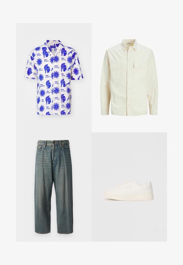 Cămașă lungă cu mâneci lungi de culoare bej deschis, cu guler, două buzunare frontale, închidere cu butoane și un material texturat.; Cămașă cu mânecă scurtă, dintr-un material ușor de culoare crem, având imprimeuri grafice albastre cu motive solare și figuri clasice, cu un guler lejer.; Jeans din denim bleu deschis, cu o croială lejeră, talie medie și picioare drepte. Au cinci buzunare, bucle pentru curea și închidere cu nasture.; Tenisi albi slip-on cu o suprafață texturată, talpă groasă și un design minimalist. Prezintă logo-ul brandului pe lateral.