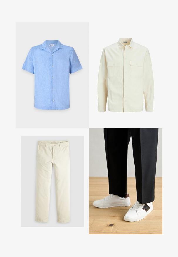 Kergedbež pika-särk pikkade varrukatega, krae ja kahe eespool asuva taskuga, nööpidega kinnitamine ja reljeefne materjal.; Lühikeste varrukatega helesinine laudlina särk, millel on krae, esimesed nööbid ja mugav lõige. Sile tekstuur, minimaalsete detailidega.; Heledadbež püksid, millel on lõtv istuvus, kolm taskut, vöökohad ja sirge lõikega disain. Valmistatud pehmest puuvillasegust materjalist.; Valged sneakersid siledat tekstuurist, millel on pruunad nahast detailid ja mustad aksessuaarid, millele on sobitatud mustad kohandatud püksid. Puitpõranda taust.