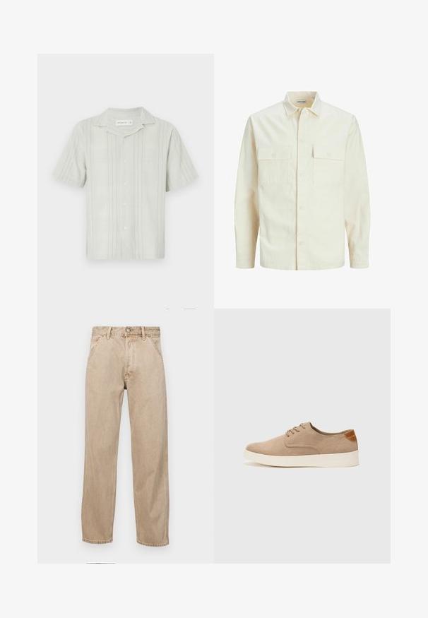 Jasno beżowa koszula z długim rękawem, z kołnierzykiem, dwoma kieszeniami z przodu, zapięciem na guziki i teksturowanym materiałem.; Jasnozielona koszula krótki rękaw wykonana z teksturowanej tkaniny, z pionowymi paskami, kołnierzykiem w stylu camp i zapięciem na guziki z przodu.; Beżowe dżinsy o prostym kroju, z przednimi kieszeniami, metalowym zapięciem na guzik i delikatną teksturą.; Beżowe zamszowe sneakersy z okrągłym noskiem, sznurowanym przodem i teksturowanym akcentem na tyle. Biała gumowa podeszwa tworzy kontrast. Prosty i nowoczesny design.