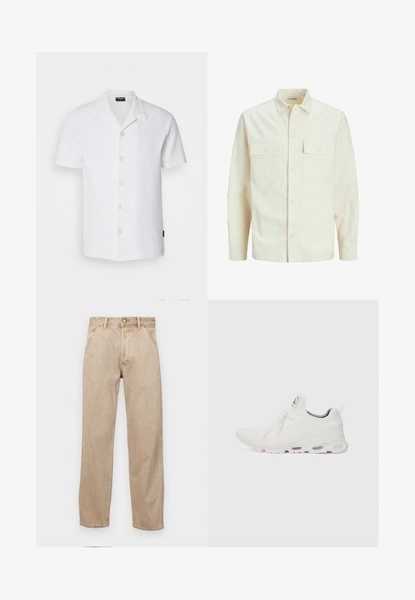 Camicia beige chiaro a maniche lunghe con colletto, due tasche frontali, chiusura a bottoni e un tessuto texturizzato.; Camicia bianca a maniche corte con tessuto testurizzato, colletto a punta e bottoni trasparenti. Caratterizzata da una vestibilità slim e orlo dritto.; Jeans in denim beige con un design a gamba dritta, dotati di tasche frontali, chiusura con bottone metallico e una texture delicata.; Scarpe atletiche bianche con tomaia in maglia testurizzata, lacci piatti e una suola ammortizzata con camere d'aria visibili per un supporto aggiuntivo.