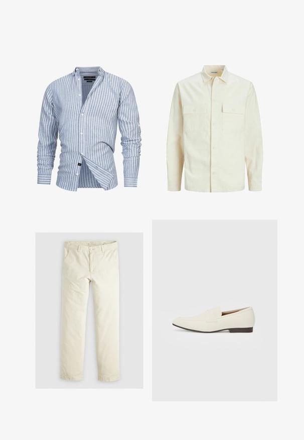 Hellbeige Langarmhemd mit klassischem Kragen, zwei Fronttaschen, Knopfverschluss und strukturiertem Stoff.; Helles blau gestreiftes Hemd aus Stoff mit vertikalen weißen Streifen. Verfügt über einen Kentkragen und lange Ärmel mit Knopfmanschetten.; Helle beigefarbene, lässig geschnittene Hose mit drei Taschen, Gürtelschlaufen und geradem Bein. Hergestellt aus einem weichen Baumwoll-Mix.; Hellbeige Slipper mit spitzem Zehenbereich, glattem Material, einem Riemen über dem Vorderfuß und einer niedrigen braunen Sohle. Einfaches Design mit minimalen Akzenten.