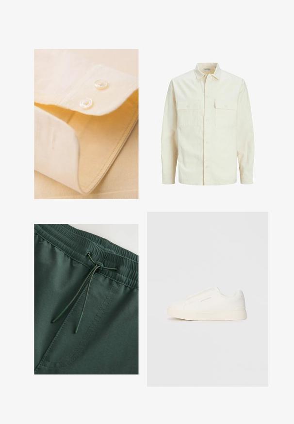 Camicia beige chiaro a maniche lunghe con colletto, due tasche frontali, chiusura a bottoni e un tessuto texturizzato.; Colletto di camicia giallo chiaro con due bottoni bianchi, piegato in modo ordinato, con una trama liscia e dettagli di cucitura fine.; Pantaloni corti sportivi con elastico verde scuro in vita, dotati di cordino, texture liscia e cuciture visibili. Design semplice e funzionale.; Sneakers bianchi slip-on con superficie texturizzata, suola spessa e design minimalista. Presentano il logo del marchio sul lato.