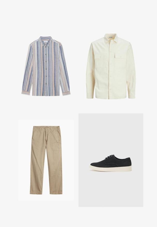 Lichtbeige langemouwen shirt met een kraaghalslijn, twee voorzakken, knoopsluiting en een gestructureerde stof.; Overhemd met lange mouwen, voorzien van verticale strepen in blauw, beige en wit. Gemaakt van een textuurstof, met een kraag en metalen knopen.; Beige rechte pijpen chinos met riemlussen, voorkant met knoop en rits sluiting, en schuine voorzakken.; Zwarte suède veterschoenen met een ronde neus, een lichte roomkleurige zool en subtiele blauwe stikselaccenten op het bovenwerk.