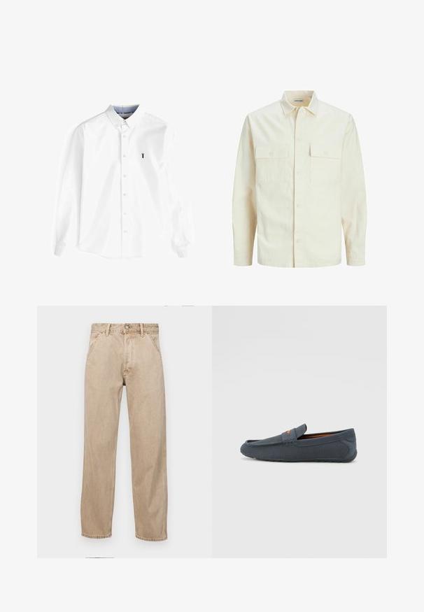 Hellbeige Langarmhemd mit klassischem Kragen, zwei Fronttaschen, Knopfverschluss und strukturiertem Stoff.; Weißes Langarmhemd aus Baumwolle mit Button-Down-Kragen, vorderer Knopfleiste und einem kleinen marineblauen Hummer-Logo auf der Brust.; Beige Denim-Jeans mit geradem Beinschnitt, ausgestattet mit Vordertaschen, einem Metallknopfverschluss und feiner Textur.; Graue durchbrochene Slipper mit einem Schlupfdesign, featuring einem orangen Akzent, runder Zehenform und strukturiertem Gummisohle.