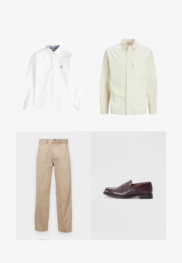 Camisa de manga larga color beige claro con cuello, dos bolsillos frontales, cierre de botones y una tela texturizada.; Camisa blanca de manga larga hecha de algodón, con cuello botón, tapeta delantera con botones y un pequeño logo de langosta azul marino en el pecho.; Jeans de mezclilla beige con un diseño de pierna recta, que cuentan con bolsillos frontales, cierre de botón de metal y una textura sutil.; Mocasines de cuero burdeos con punta redondeada, sutiles detalles de costura y una suela baja negra. Diseño clásico con mínimas decoraciones.