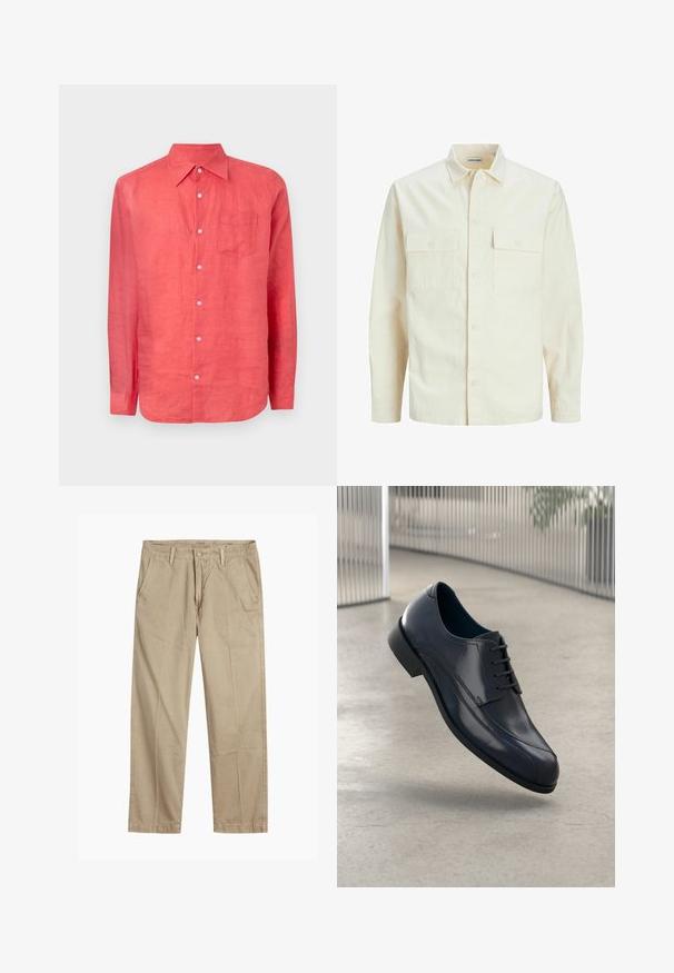 Svetlo bež srajca z dolgimi rokavi, ovratnim izrezom, dvema sprednjima žepoma, zapenjanjem na gumbe in teksturirano tkanino.; GAP Srajca - watermelon ice; Bežne bež hlače ravnega kroja z zanko za pas, sprednjim gumbom in zadrgo ter bočnimi žepki.; Svetleče črne usnjene čevlje za obleko z vezalkami, ki lebdi nad gladko, svetlo sivo tlemi ter vertikalnimi kovinskimi palicami v ozadju.