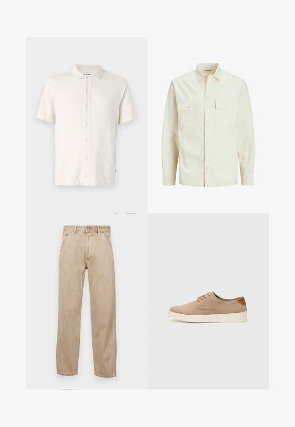 Svetlo bež srajca z dolgimi rokavi, ovratnim izrezom, dvema sprednjima žepoma, zapenjanjem na gumbe in teksturirano tkanino.; Polo majica s kratkimi rokavi v off-white barvi, ki ima teksturirano tkanino, zapiranje na gumb in značilno obliko ovratnika. Preprost in vsestranski stil.; Beige jeans iz džinsa s ravnim nogavicama, ki imajo sprednje žepe, kovinsko zapiranje in subtilno teksturo.; Bež tkanine usnjene superge z zaobljenim nosom, vezalkami na sprednji strani in teksturiranim zadnjim detajlom. Belo gumijasto podplato zagotavlja kontrast. Enostaven in sodoben dizajn.