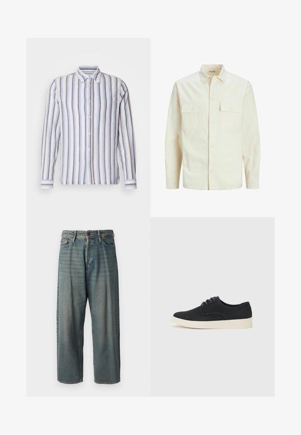 Hellbeige Langarmhemd mit klassischem Kragen, zwei Fronttaschen, Knopfverschluss und strukturiertem Stoff.; Gestreiftes Langarmshirt mit abwechselnd blauen, weißen und grauen Streifen. Knopfverschluss, eine Brusttasche und grüne gestickte Details.; Helle blaue Denim-Jeans mit lockerer Passform, mittelhoher Taille und geraden Beinen. Hat fünf Taschen, Gürtelschlaufen und einen Knopfverschluss.; Schwarzes Wildleder-Schnürschuh mit runder Spitze, leichtem cremfarbenem Sohlen und dezenten blauen Stickakzenten auf dem Obermaterial.