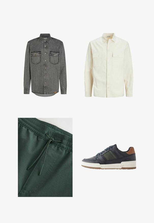 Jasno beżowa koszula z długim rękawem, z kołnierzykiem, dwoma kieszeniami z przodu, zapięciem na guziki i teksturowanym materiałem.; Szara koszula z denimu z długimi rękawami, z zapięciem na guziki, dwoma kieszeniami na piersiach oraz kontrastowym przeszyciem. Okrągły dół i metka z boku.; Ciemnozielone spodenki dresowe z elastycznym pasem na sznurku, gładka tekstura i widoczne detale szwów. Prosty, funkcjonalny design.; Granatowe skórzane sneakersy z zielonym akcentem, białą podeszwą środkową i brązowym elemencie na pięcie. Posiadają zaokrąglony nosek i teksturowaną gumową podeszwę.