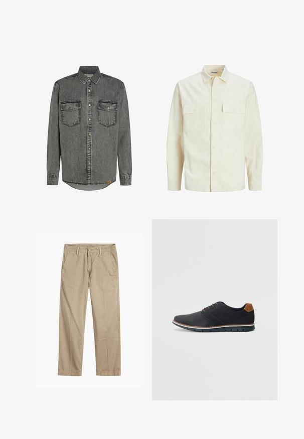 Kergedbež pika-särk pikkade varrukatega, krae ja kahe eespool asuva taskuga, nööpidega kinnitamine ja reljeefne materjal.; Hallide denimist särk pikkade varrukatega, nööpkinni jahtimisega, kahe rinnakotiga ning kontrastsete õmblustega. Ümar hem ja silt külje peal.; Beeži sirged säärte chinos-püksid, millel on vööloopide, esipainutatud nupud ja tõmblukk ning kaldega esikotid.; Mustavad sünteetilised jalatsid tekstureeritud pealsega, siledad aktsendid, pruun kand ja kontrastne tall. Omab minimaalset lukkude ja õmbluste dekoratsiooni.