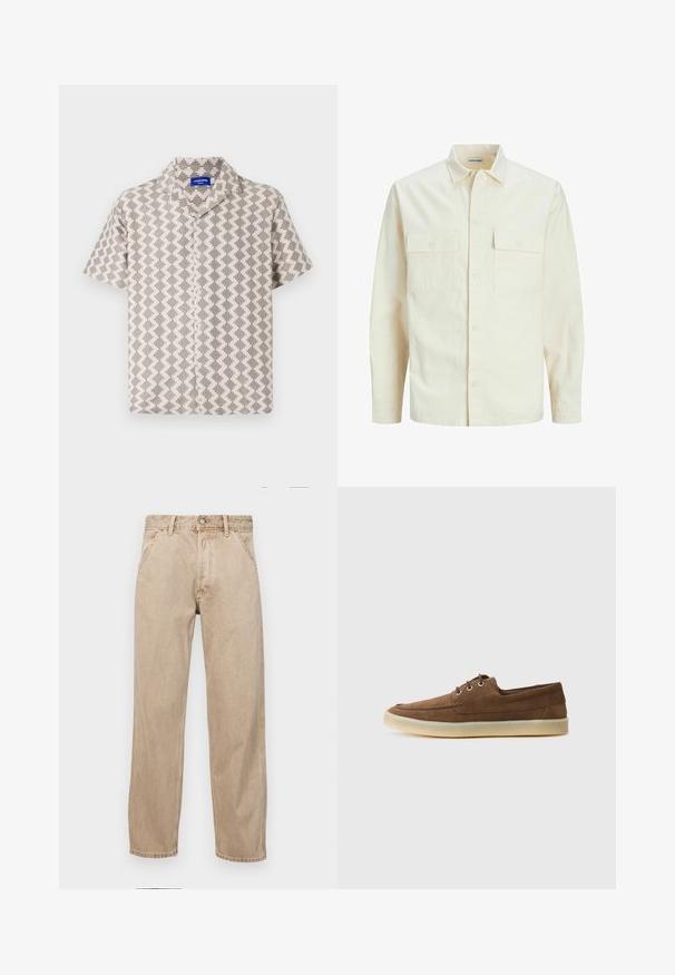 Kergedbež pika-särk pikkade varrukatega, krae ja kahe eespool asuva taskuga, nööpidega kinnitamine ja reljeefne materjal.; Lühikeste varrukatega särk beežis ja hallis kangas, mis sisaldab geomeetrilist mustrit, tekstureeritud pinda ja nööpide sulgemisega sälgkaelust.; Bežidemini teksased sirgjoonise kujundusega, front pocket'itega, metallist nööbi kinnitusega ja peene tekstuuriga.; Pruunid nahast kingad, madala profiiliga, nööbitava disainiga, kummist tallaga ja kontrastsete õmblustega. Lihtne ja funktsionaalne stiil.