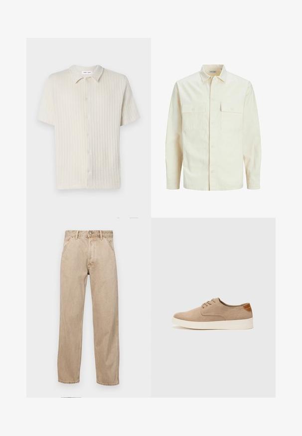 Svetlo bež srajca z dolgimi rokavi, ovratnim izrezom, dvema sprednjima žepoma, zapenjanjem na gumbe in teksturirano tkanino.; Majica s kratkimi rokavi, s spodnjim gumbom v svetli bež barvi z teksturiranim rebrastim vzorcem in klasičnim ovratnikom. Narejena iz mehke, zračne tkanine.; Beige jeans iz džinsa s ravnim nogavicama, ki imajo sprednje žepe, kovinsko zapiranje in subtilno teksturo.; Bež tkanine usnjene superge z zaobljenim nosom, vezalkami na sprednji strani in teksturiranim zadnjim detajlom. Belo gumijasto podplato zagotavlja kontrast. Enostaven in sodoben dizajn.
