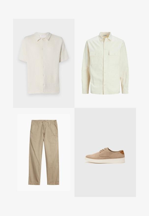 Camisa de manga larga color beige claro con cuello, dos bolsillos frontales, cierre de botones y una tela texturizada.; Camisa de manga corta abotonada en beige claro con un patrón acanalado texturizado y un cuello clásico. Fabricada con un material suave y transpirable.; Chinos beige de pierna recta con trabillas para cinturón, cierre de botón y cremallera en la parte delantera, y bolsillos delanteros inclinados.; Zapatillas de ante beige con puntera redondeada, cordones en la parte delantera y un acento texturizado en la parte trasera. La suela de goma blanca proporciona contraste. Diseño sencillo y moderno.