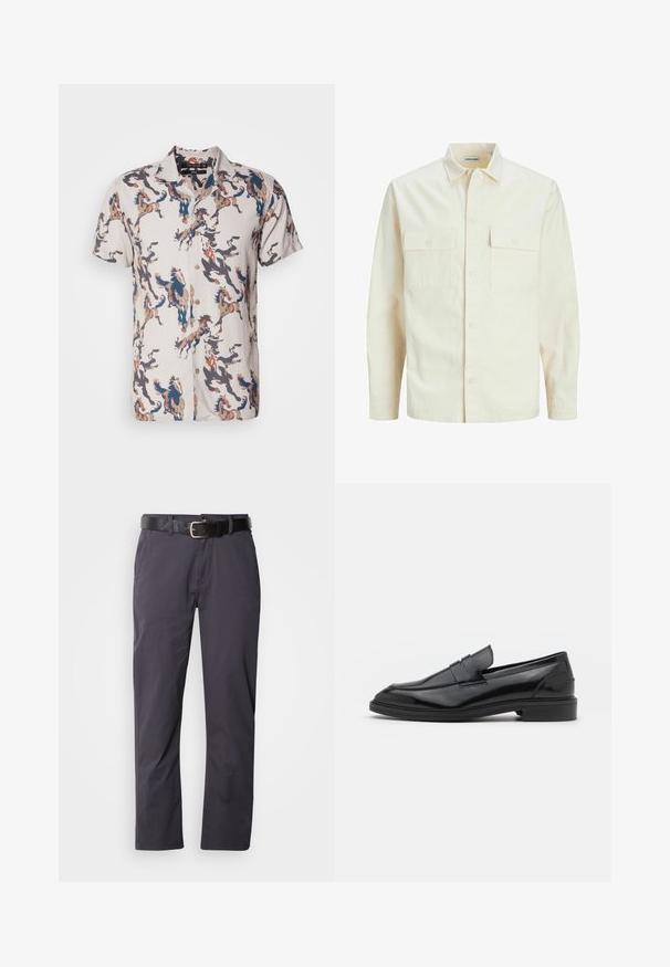 Jasno beżowa koszula z długim rękawem, z kołnierzykiem, dwoma kieszeniami z przodu, zapięciem na guziki i teksturowanym materiałem.; Koszula z krótkim rękawem w lekkim materiale, o beżowym tle z kolorowymi wzorami koni w odcieniach niebieskiego, brązowego i czarnego. Zapięcie na guziki z przodu.; Czarne bawełniane spodnie o prostym kroju, z dwoma przednimi kieszeniami i paskiem. Materiał ma gładką teksturę i matowe wykończenie.; Czarne skórzane mokasyny o gładkim wykończeniu, z zaokrąglonym noskiem i wąskim paskiem na górze. Niski, warstwowy obcas.