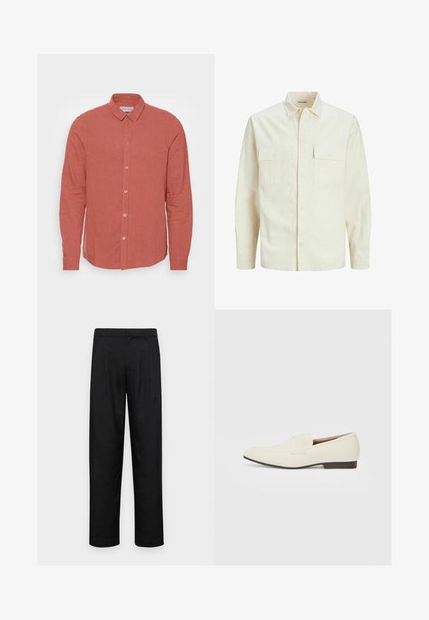 Lichtbeige langemouwen shirt met een kraaghalslijn, twee voorzakken, knoopsluiting en een gestructureerde stof.; Langarmshirt van vervaagd koraal linnen, met een klassieke kraag en een knoopsluiting aan de voorkant met bijpassende knopen. Gladde textuur en getailleerde pasvorm.; Zwarte broeken van gladde stof, met een recht model, twee voorknikken en een standaard tailleband met riemlussen.; Lichtbeige loafers met een spitse neus, glad materiaal, een band over de wreef en een lage bruine zool. Eenvoudig ontwerp met minimale accenten.