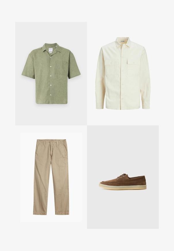 Svetlo béžová košeľa s dlhým rukávom, s golierom, dvoma prednými vreckami, zapínaním na gombíky a textúrovanou látkou.; Košeľa s krátkym rukávom v olivovo zelenej farbe vyrobená z ľanu, s golierom, predným zapínaním na gombíky a náprsnom vreckom. Štruktúrovaná tkanina s prirodzeným povrchom.; Béžové chinos nohavice rovného strihu s pútkami na opasok, predným gombíkom a zipsom, a šikmými prednými vreckami.; Hnedé semišové topánky s nízkym profilom, šnurovací dizajn, gumená podrážka a kontrastné šitie. Jednoduchý a funkčný štýl.