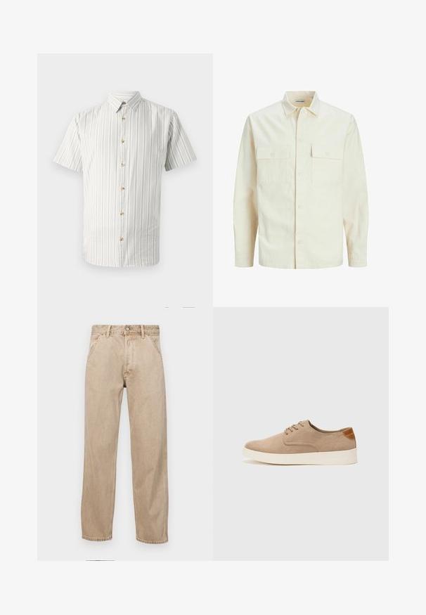 Camicia beige chiaro a maniche lunghe con colletto, due tasche frontali, chiusura a bottoni e un tessuto texturizzato.; Camicetta a maniche corte a righe verdi chiaro e bianche, con colletto button-down e bottoni in legno sul davanti. Tessuto morbido e traspirante.; Jeans in denim beige con un design a gamba dritta, dotati di tasche frontali, chiusura con bottone metallico e una texture delicata.; Sneaker in suede beige con punta arrotondata, stringhe davanti e un accento testurizzato sul retro. La suola in gomma bianca offre un contrasto. Design semplice e moderno.
