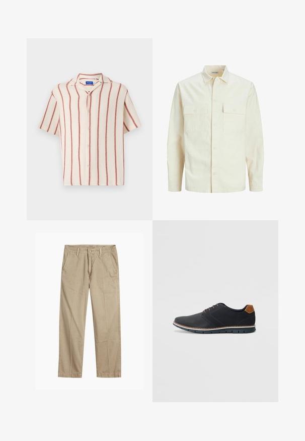 Gai bēšs garām piedurknēm krekls ar apkakles izgriezumu, divām priekšējām kabatām, pogu aizdari un teksturētu audumu.; Kreemas ar sarkaniem vertikāliem svītrām, īsām piedurknēm un pogājamām aizdares kreklu ar robainu apkakli.; Beigās taisnās kājas chinos bikses ar jostas cilpām, priekšējo pogu un rāvējslēdzēja aizdari, kā arī slīpām priekšējām kabatām.; Melni sintētiskie apavi ar struktūru augšdaļā, gludu akcentu, brūnu papēdi un kontrastējošu zoli. Iezīmē minimālu šņorēšanu un šuvju detaļas.