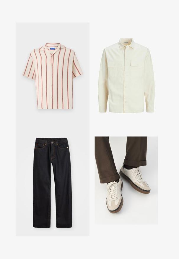 Svetlo bež srajca z dolgimi rokavi, ovratnim izrezom, dvema sprednjima žepoma, zapenjanjem na gumbe in teksturirano tkanino.; Kratka majica s dugim rukavima v bež barvi z rdečimi navpičnimi črtami, z izrezano ovratnico in sprednjim gumbom za zapiranje.; Moške črne kavbojke ravnega kroja z petimi žepi in oranžnim šivanjem, z gumbom in zadrgo na sprednjem pasu.; Bež teniske z teksturiranim prednjim delom iz usnja, gladkimi kožnimi stranicami in rjavo gumijasto podplatom. Vključene vezalke in svetla šivana detajla.