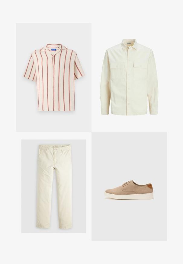 Gai bēšs garām piedurknēm krekls ar apkakles izgriezumu, divām priekšējām kabatām, pogu aizdari un teksturētu audumu.; Kreemas ar sarkaniem vertikāliem svītrām, īsām piedurknēm un pogājamām aizdares kreklu ar robainu apkakli.; Gaiši beigu brīvi pieguļoši bikses ar trim kabatām, jostu cilpām un taisnu kāju dizainu. Izgatavotas no mīksta kokvilnas auduma maisījuma.; Beige zamšādas kedas ar noapaļotu purngala daļu, auklēm saplacinātu priekšpusi un teksturētu aizmugures akcentu. Balta gumijas zole nodrošina kontrastu. Vienkāršs un mūsdienīgs dizains.