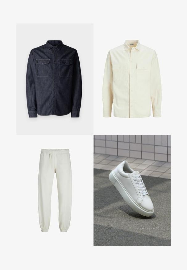 Camicia beige chiaro a maniche lunghe con colletto, due tasche frontali, chiusura a bottoni e un tessuto texturizzato.; Replay Camicia - dark blue; Pantaloni tuta bianchi realizzati in tessuto morbido, dotati di vita e polsini elastici, con una texture liscia e una vestibilità ampia.; Sneaker bianco in pelle con superficie liscia, punta rotonda e lacci piatti bianchi. Presenta una suola in gomma texturizzata e un design minimale.