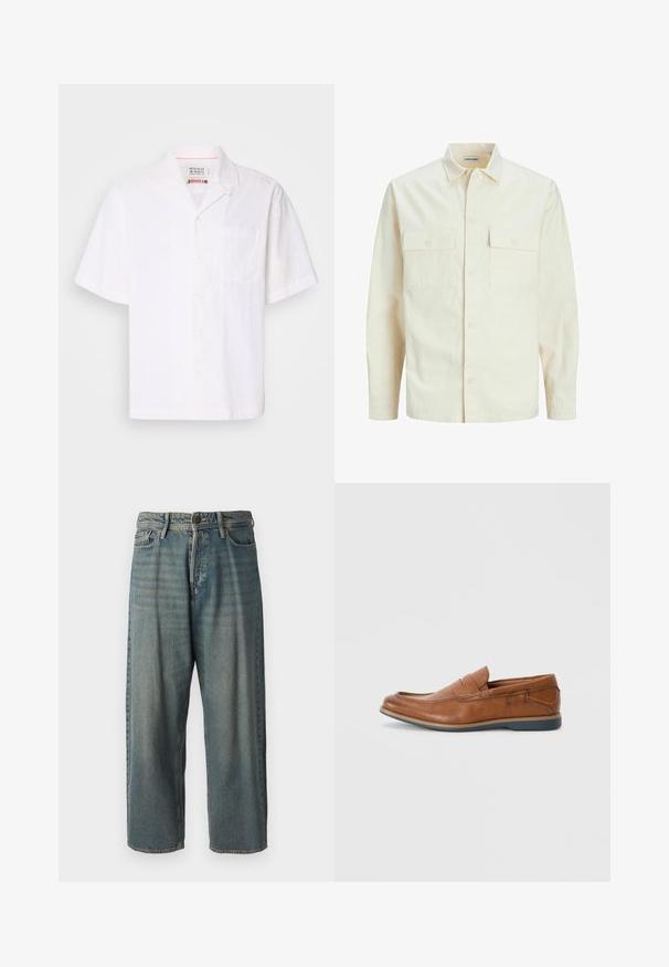 Világos bézs színű, hosszú ujjú ing, galléros nyakkal, két elülső zsebbel, gombos záródással és struktúrált anyaggal.; Rövid ujjú, könnyű szövetből készült fehér ing. Finom mintázattal, gombos kivitelű elejével és egyetlen mellzsebbel rendelkezik.; Világoskék farmernadrág, laza fazonnal, közepes derékbőséggel és egyenes szárral. Öt zsebet, övbucskát és gombos záródást tartalmaz.; Barna bőr loafer cipők, lekerekített orral, varrott részletekkel és alacsony gumitalppal. A dizájn egy sávot tartalmaz a felső részen.