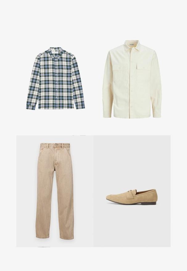 Světle béžová košile s dlouhým rukávem, límečkem, dvěma předními kapsami, zapínáním na knoflíky a strukturovanou tkaninou.; Zeleno-bílá kostkovaná košile s modrými akcenty, s límečkem na knoflíky, dlouhými rukávy a náprsní kapsou. Vyrobena z měkké látky.; Béžové džíny z denimu se středně širokým střihem, vybavené předními kapsami, kovovým zapínáním na knoflík a jemnou texturou.; Semišové loafery v béžové barvě s mírným leskem, s kulatou špičkou, snadným obouváním a nízkým hnědým podpatkem. Jemné detaily šití.