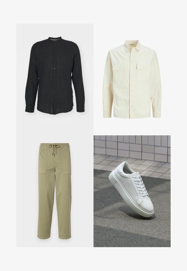 Hellbeige Langarmhemd mit klassischem Kragen, zwei Fronttaschen, Knopfverschluss und strukturiertem Stoff.; Only & Sons ONSCAIDEN MAO - Hemd - schwarz; Helle olivgrüne Hose aus Baumwollmischgewebe, mit einem elastischen Bund und Kordelzug sowie zwei großen Seitentaschen.; Weiße Leder-Sneaker mit glatter Oberfläche, runder Zehenpartie und flachen weißen Schnürsenkeln. Verfügt über eine strukturierte Gummisohle und minimalistische Designelemente.