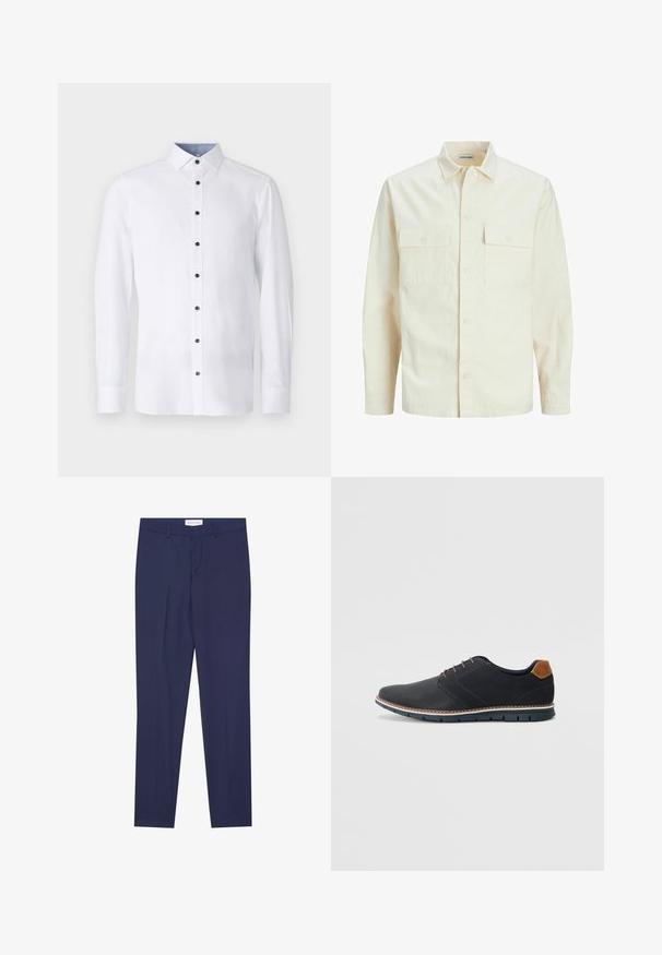 Cămașă lungă cu mâneci lungi de culoare bej deschis, cu guler, două buzunare frontale, închidere cu butoane și un material texturat.; Cămașă albă cu mânecă lungă, guler clasic, nasturi negri pe față și detalii contrastante de culoare bleu deschis la interiorul gulărului. Textură de țesătură netedă.; Pantaloni de uniformă navy confecționați dintr-un material neted, cu front plat, două buzunare laterale, fermoar și tiv curat, fără modele sau accente.; Pantofi sintetici negri cu un superior texturat, accente netede, toc maro și o talpă contrastantă. Prezintă un șnur minimalist și detalii de cusătură.