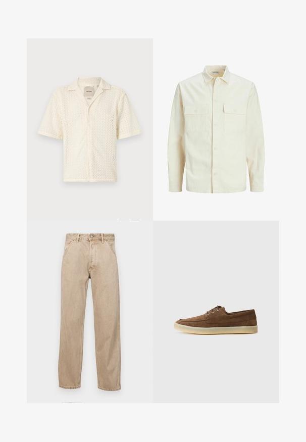 Šviesiai smėlio spalvos ilgomis rankovėmis marškiniai su apykakle, dviem priekinėmis kišenėmis, mygtukų uždarymu ir tekstūruota medžiaga.; Trumpas rankovės kreminės spalvos marškinys, pagamintas iš tekstūruoto audinio su zigzago raštu ir užsegimu mygtukais. Su klasikiniu apykakle ir kišene.; Smėlio spalvos džinsai su tiesia kojų siluetu, turintys priekinę kišenę, metalinį mygtuką ir subtilią tekstūrą.; Rudos zomšos batai su žemu profiliu, raišteliais, guminiais padu ir kontrastingomis siūlėmis. Paprastas ir funkcionalus stilius.