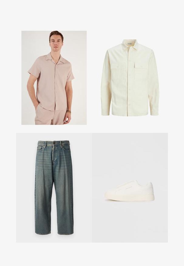 Svetlo bež srajca z dolgimi rokavi, ovratnim izrezom, dvema sprednjima žepoma, zapenjanjem na gumbe in teksturirano tkanino.; Majica s kratkimi rokavi v svetlo roza barvi, izdelana iz rebraste tkanine. Ima ovratnik in gumbe spredaj, ter sproščen kroj.; Svetlomoderne kavbojke z ohlapnim krojem, srednjim pasom in ravnimi nogami. Imajo pet žepov, zanke za pas in zapiranje na gumb.; Bele zapete brez vezalk z teksturirano površino, debelim podplatom in minimalističnim dizajnom. Na strani se nahaja logotip blagovne znamke.