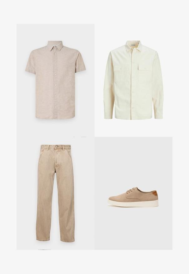Jasno beżowa koszula z długim rękawem, z kołnierzykiem, dwoma kieszeniami z przodu, zapięciem na guziki i teksturowanym materiałem.; Beżowa koszula z krótkim rękawem w teksturowanej tkaninie, z kołnierzykiem zapinanym na guziki, posiadająca frontową listwę z jasnymi guzikami i prostym dołem.; Beżowe dżinsy o prostym kroju, z przednimi kieszeniami, metalowym zapięciem na guzik i delikatną teksturą.; Beżowe zamszowe sneakersy z okrągłym noskiem, sznurowanym przodem i teksturowanym akcentem na tyle. Biała gumowa podeszwa tworzy kontrast. Prosty i nowoczesny design.