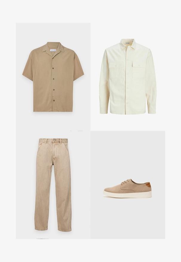 Lichtbeige langemouwen shirt met een kraaghalslijn, twee voorzakken, knoopsluiting en een gestructureerde stof.; Korte mouwen shirt van lichtbruin stof, met een kraag, knoopsluiting en een gladde textuur. Eenvoudig ontwerp zonder patronen.; Beige denim jeans met een recht gesneden ontwerp, voorzien van voorzakken, een metalen knoopsluiting en een subtiele textuur.; Beige suède sneakers met een ronde neus, vetersluiting aan de voorkant en een getextureerde achteraccent. De witte rubberen zool zorgt voor contrast. Eenvoudig en modern ontwerp.